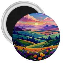 Field Valley Nature Meadows Flowers Dawn Landscape 3  Magnets by Maspions