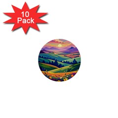 Field Valley Nature Meadows Flowers Dawn Landscape 1  Mini Buttons (10 Pack)  by Maspions