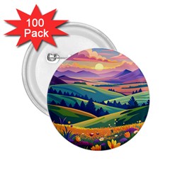 Field Valley Nature Meadows Flowers Dawn Landscape 2 25  Buttons (100 Pack)  by Maspions