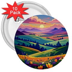 Field Valley Nature Meadows Flowers Dawn Landscape 3  Buttons (10 Pack) 