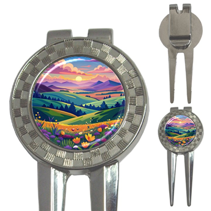 Field Valley Nature Meadows Flowers Dawn Landscape 3-in-1 Golf Divots