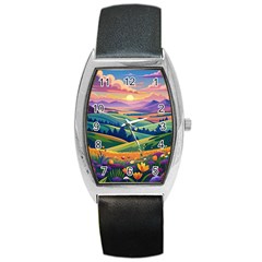 Field Valley Nature Meadows Flowers Dawn Landscape Barrel Style Metal Watch by Maspions