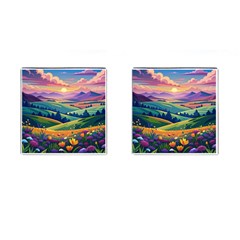 Field Valley Nature Meadows Flowers Dawn Landscape Cufflinks (square) by Maspions