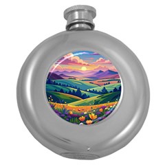 Field Valley Nature Meadows Flowers Dawn Landscape Round Hip Flask (5 Oz)