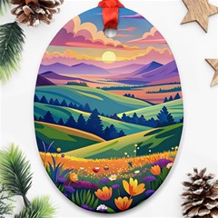 Field Valley Nature Meadows Flowers Dawn Landscape Oval Ornament (two Sides)