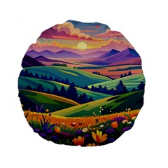 Field Valley Nature Meadows Flowers Dawn Landscape Standard 15  Premium Round Cushions