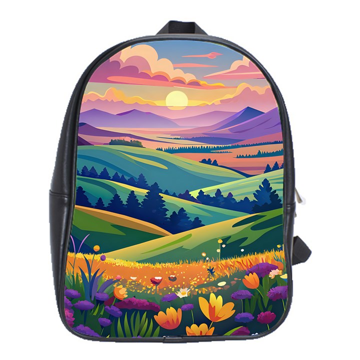 Field Valley Nature Meadows Flowers Dawn Landscape School Bag (XL)