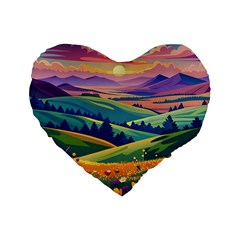 Field Valley Nature Meadows Flowers Dawn Landscape Standard 16  Premium Heart Shape Cushions by Maspions