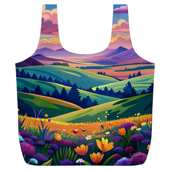 Field Valley Nature Meadows Flowers Dawn Landscape Full Print Recycle Bag (XL)