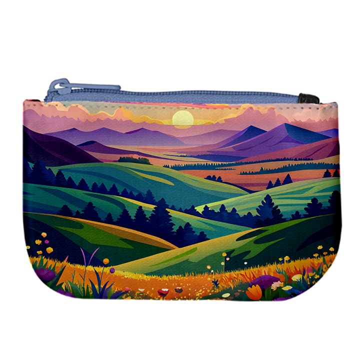 Field Valley Nature Meadows Flowers Dawn Landscape Large Coin Purse