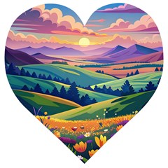 Field Valley Nature Meadows Flowers Dawn Landscape Wooden Puzzle Heart by Maspions