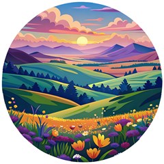 Field Valley Nature Meadows Flowers Dawn Landscape Wooden Puzzle Round