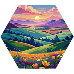 Field Valley Nature Meadows Flowers Dawn Landscape Wooden Puzzle Hexagon by Maspions