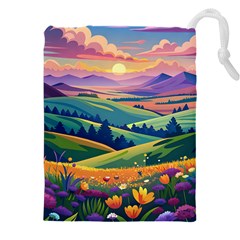 Field Valley Nature Meadows Flowers Dawn Landscape Drawstring Pouch (4xl) by Maspions