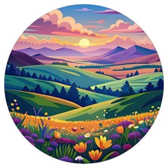 Field Valley Nature Meadows Flowers Dawn Landscape Round Trivet