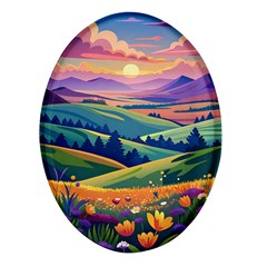 Field Valley Nature Meadows Flowers Dawn Landscape Oval Glass Fridge Magnet (4 Pack) by Maspions