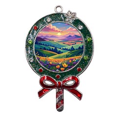 Field Valley Nature Meadows Flowers Dawn Landscape Metal X mas Lollipop With Crystal Ornament by Maspions