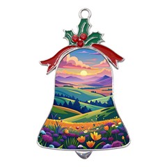 Field Valley Nature Meadows Flowers Dawn Landscape Metal Holly Leaf Bell Ornament by Maspions