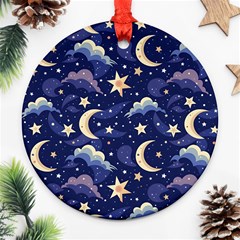 Night Moon Seamless Background Stars Sky Clouds Texture Pattern Ornament (round)