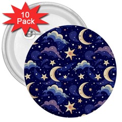 Night Moon Seamless Background Stars Sky Clouds Texture Pattern 3  Buttons (10 Pack)  by Maspions