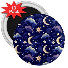 Night Moon Seamless Background Stars Sky Clouds Texture Pattern 3  Magnets (10 Pack)  by Maspions