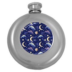 Night Moon Seamless Background Stars Sky Clouds Texture Pattern Round Hip Flask (5 Oz)