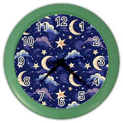 Night Moon Seamless Background Stars Sky Clouds Texture Pattern Color Wall Clock by Maspions