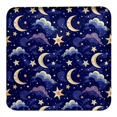 Night Moon Seamless Background Stars Sky Clouds Texture Pattern Square Glass Fridge Magnet (4 Pack) by Maspions