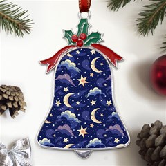 Night Moon Seamless Background Stars Sky Clouds Texture Pattern Metal Holly Leaf Bell Ornament by Maspions