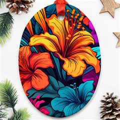 Hibiscus Flowers Colorful Vibrant Tropical Garden Bright Saturated Nature Ornament (oval)