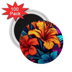 Hibiscus Flowers Colorful Vibrant Tropical Garden Bright Saturated Nature 2 25  Magnets (100 Pack) 