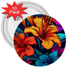 Hibiscus Flowers Colorful Vibrant Tropical Garden Bright Saturated Nature 3  Buttons (10 Pack)  by Maspions