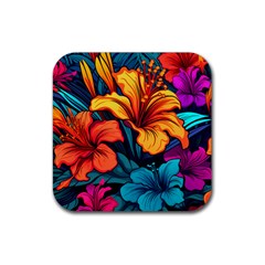 Hibiscus Flowers Colorful Vibrant Tropical Garden Bright Saturated Nature Rubber Coaster (square)