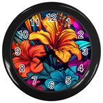 Hibiscus Flowers Colorful Vibrant Tropical Garden Bright Saturated Nature Wall Clock (Black) Front