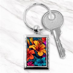 Hibiscus Flowers Colorful Vibrant Tropical Garden Bright Saturated Nature Key Chain (rectangle)