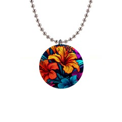 Hibiscus Flowers Colorful Vibrant Tropical Garden Bright Saturated Nature 1  Button Necklace by Maspions