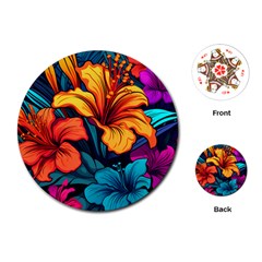 Hibiscus Flowers Colorful Vibrant Tropical Garden Bright Saturated Nature Playing Cards Single Design (round) by Maspions