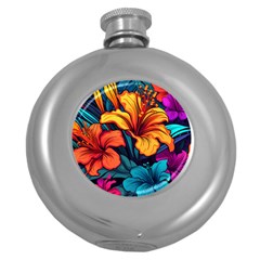 Hibiscus Flowers Colorful Vibrant Tropical Garden Bright Saturated Nature Round Hip Flask (5 Oz) by Maspions