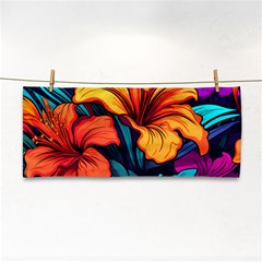 Hibiscus Flowers Colorful Vibrant Tropical Garden Bright Saturated Nature Hand Towel by Maspions