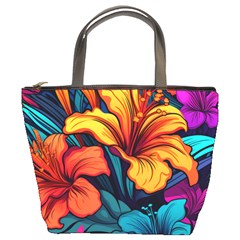 Hibiscus Flowers Colorful Vibrant Tropical Garden Bright Saturated Nature Bucket Bag