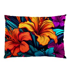 Hibiscus Flowers Colorful Vibrant Tropical Garden Bright Saturated Nature Pillow Case by Maspions