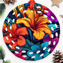 Hibiscus Flowers Colorful Vibrant Tropical Garden Bright Saturated Nature Ornament (round Filigree)