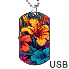 Hibiscus Flowers Colorful Vibrant Tropical Garden Bright Saturated Nature Dog Tag Usb Flash (one Side) by Maspions