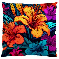 Hibiscus Flowers Colorful Vibrant Tropical Garden Bright Saturated Nature Large Cushion Case (one Side) by Maspions