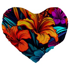 Hibiscus Flowers Colorful Vibrant Tropical Garden Bright Saturated Nature Large 19  Premium Heart Shape Cushions