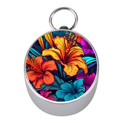 Hibiscus Flowers Colorful Vibrant Tropical Garden Bright Saturated Nature Mini Silver Compasses by Maspions