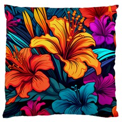 Hibiscus Flowers Colorful Vibrant Tropical Garden Bright Saturated Nature Large Premium Plush Fleece Cushion Case (two Sides) by Maspions