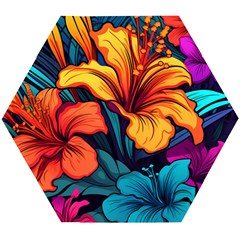 Hibiscus Flowers Colorful Vibrant Tropical Garden Bright Saturated Nature Wooden Puzzle Hexagon by Maspions