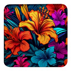 Hibiscus Flowers Colorful Vibrant Tropical Garden Bright Saturated Nature Square Glass Fridge Magnet (4 Pack)