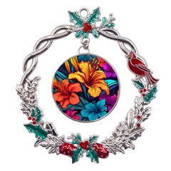 Hibiscus Flowers Colorful Vibrant Tropical Garden Bright Saturated Nature Metal X mas Wreath Holly Leaf Ornament